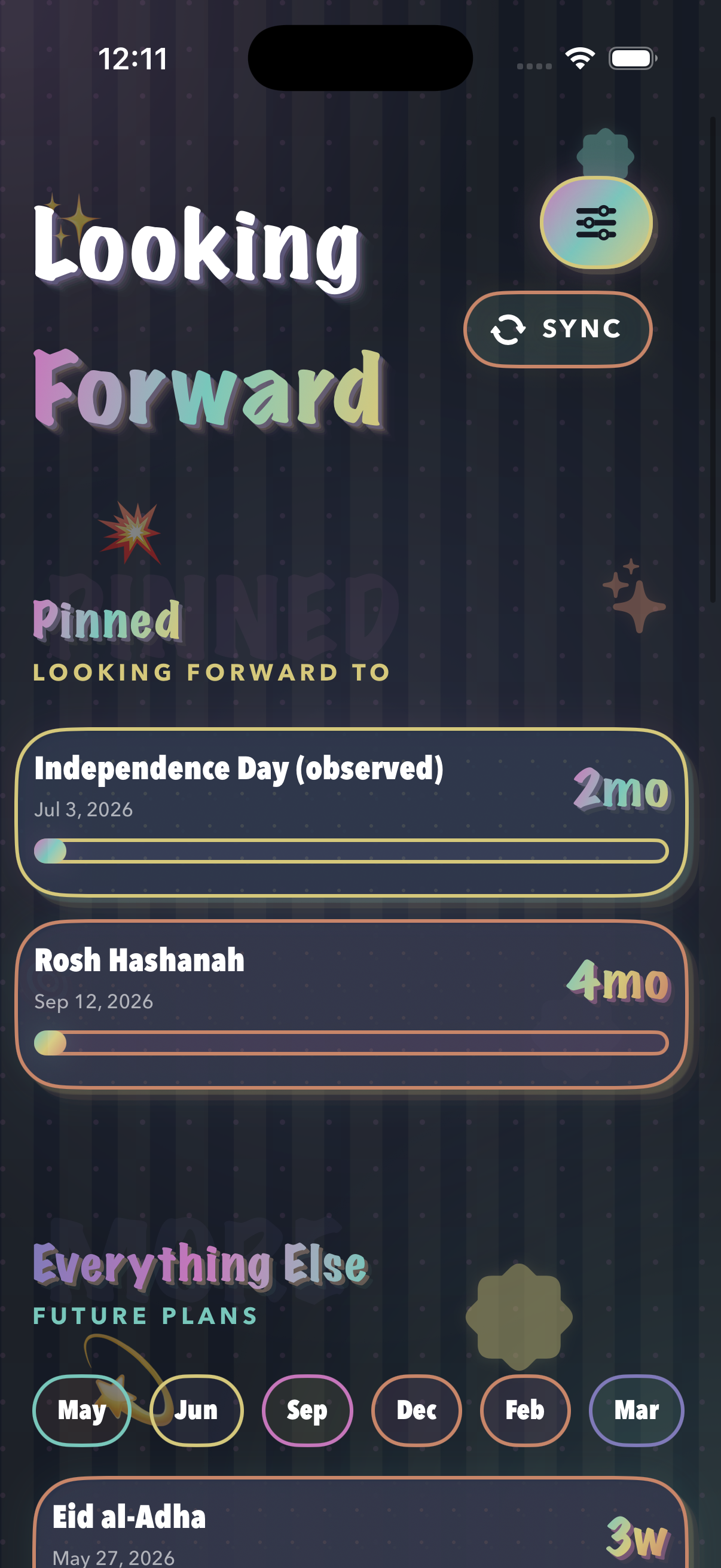 Looking Forward pinned events screen in toned down mode